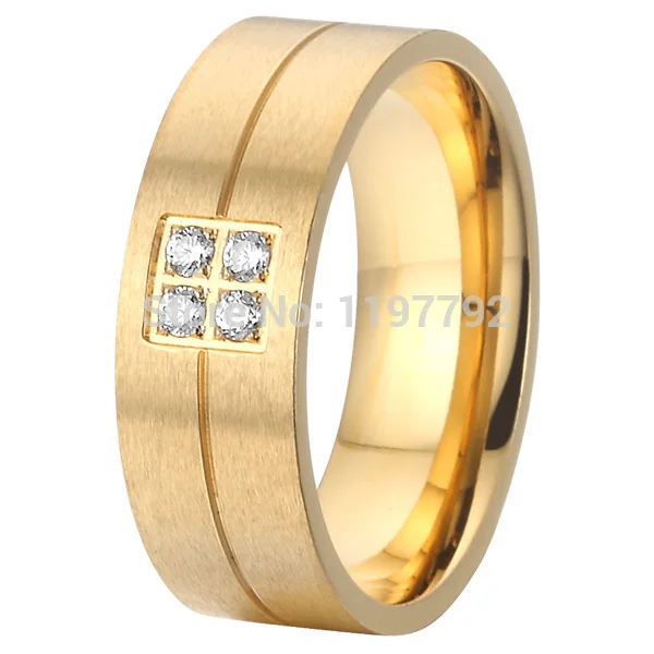 

2015 beautiful fine jewelry gold colour pure titanium steel cz stone wedding band promise ring for men and women anel