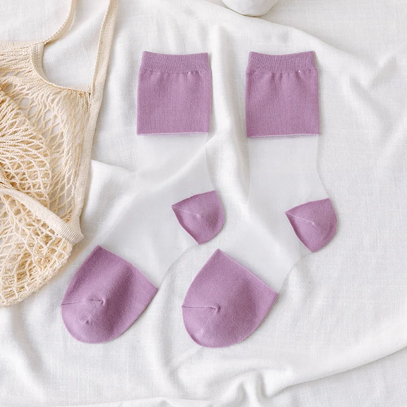 

Summer Fashion Women Ultrathin Transparent Socks Glitter Crystal Glass Silk Socks Beautiful Lace Shiny Elastic Short Socks