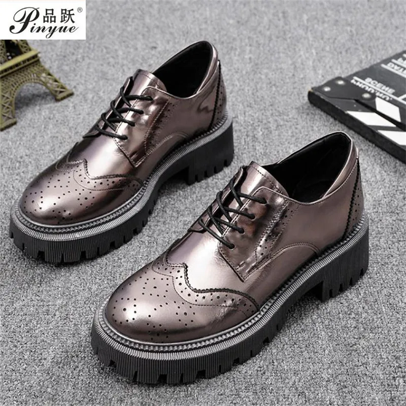 

Big Size 35-40 Women Leather Thick Heels School Brogues Shoes Vintage Round Toe Oxford Shoes For Women Flat Carved Lady Creeper