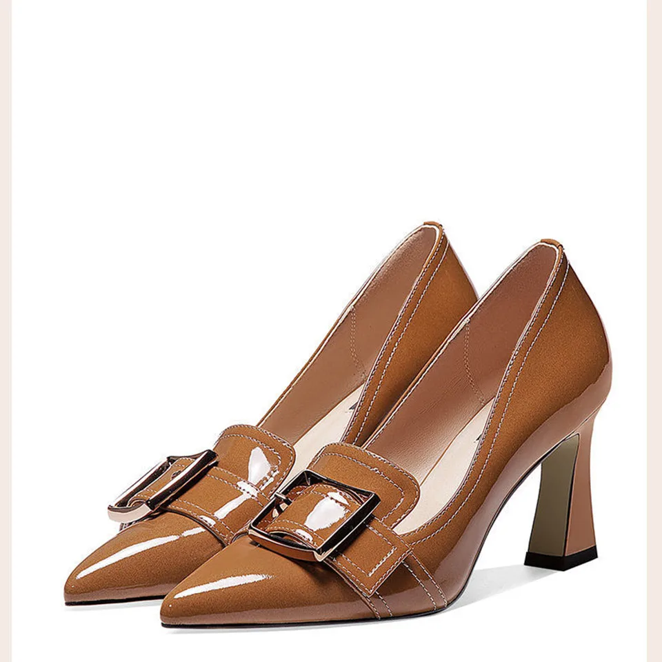 

Mujeres Tacones Altos Women Cute Black Pu Leather Spring Slip on Office Square Heel Shoes Lady Brown High Quality Pumps B9618