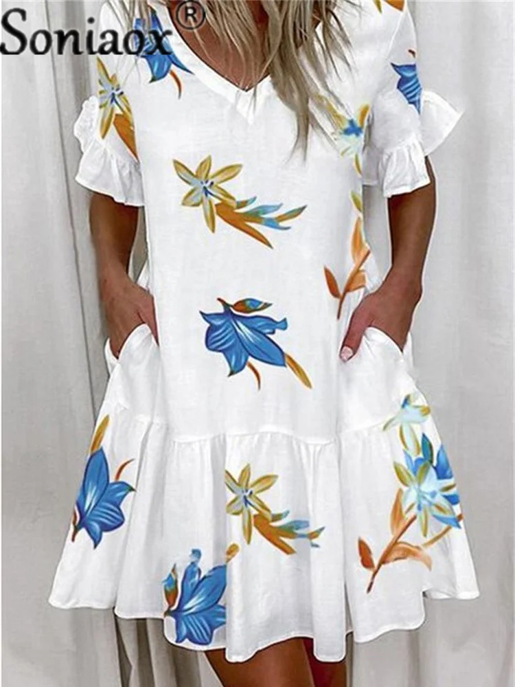 

5XL Plus Size Women Short Dress Summer 2021 Casual Ruffle Short Sleeve Printed Dress Ladies Dresses Loose Streetwear Vestidos