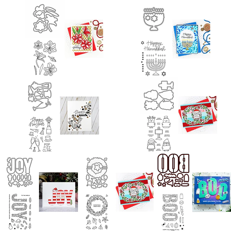 

Cutting Dies with Clear Stamps Set JOY BOO Bold Words Goblet Cheers Critters Laurel Hanukkah Christmas Ornament 2021 New Craft