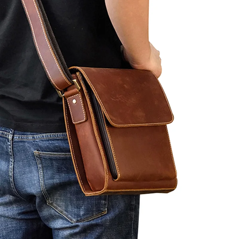 AETOO  Men's Leather Shoulder Bag Crazy Horse Leather Crossbody Bag First Layer Leather Flip Shoulder Bag iPad