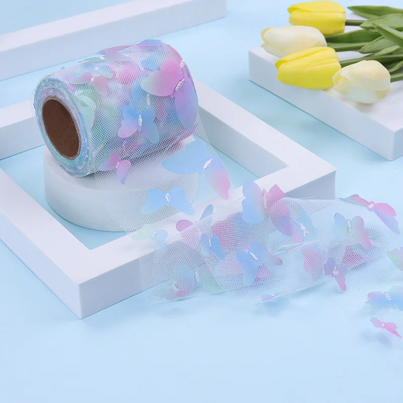 Лента из органзы градиентная разноцветная с бабочками 10 ярдов в рулоне кружевная