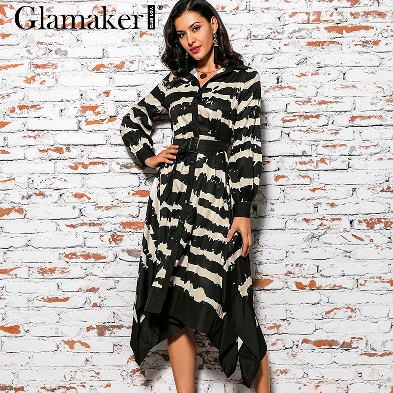 Glamaker асимметричное Полосатое длинное платье с принтом женский пояс, неподшитый край, длинный рукав, элегантное платье осень-зима, вечерние, сексуальные платья