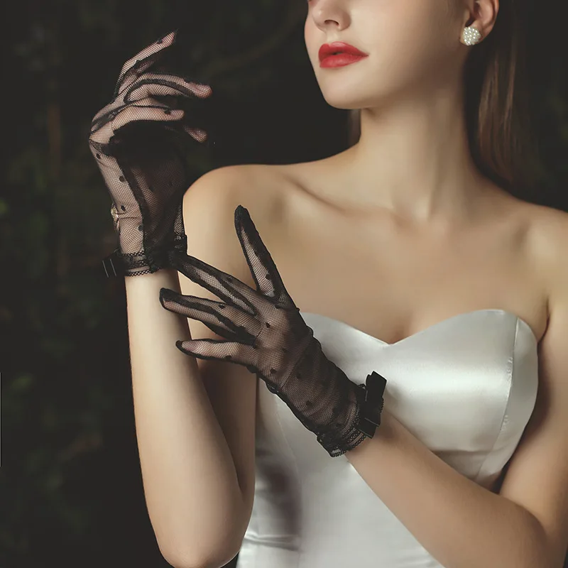 

Wedding Gloves Etiquette Gloves Transparent Dot Tulle Fishnet Gloves Stretchy Mesh Tulle Bowknot Full Finger Mittens Party