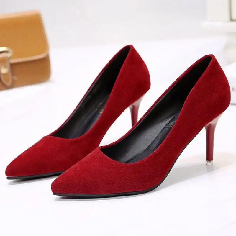 Туфли-лодочки женские на высоком каблуке модные замшевые заостренный носок