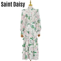 saintdaisy maxi floral printing dress ankle length lantern sleeve turtleneck vintage polyester 44946