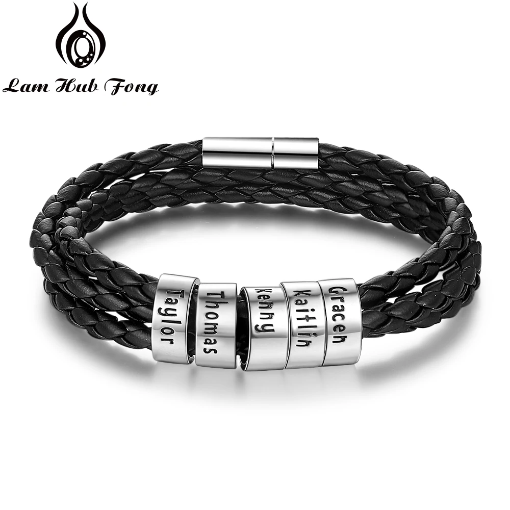 

Personalized Multilayer Leather Bracelets Custom Braided Rope Beads Bracelet for Men Charm Jewelry Family Gift (Lam Hub Fong)