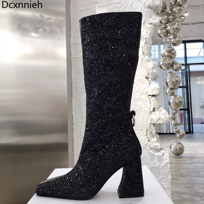 

Crystal Square Toe Brand Shoes Chunky Heels Ankle Boots For Women Real Leather Short Women Boots Patchwork Silver Boots Woman