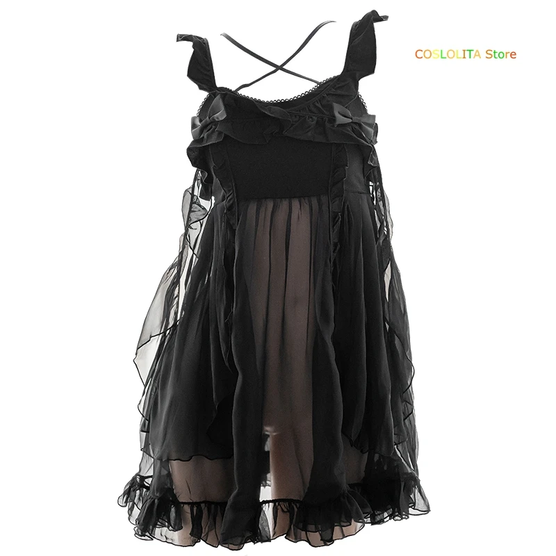

Cute Suspender Dress Homewear Sexy Black Sleepwear Teen Girls Student Chiffon Micro-translucent Short Dress Nightdress Pajamas