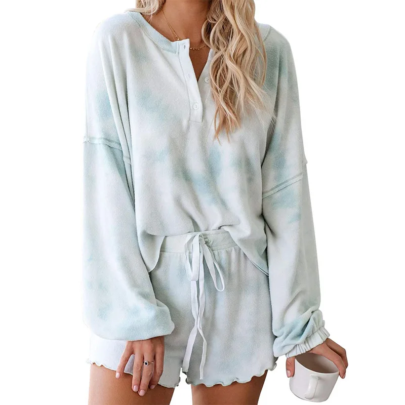 New European and American tie-dyed home clothes long sleeve shorts tie-dyed pajamas two-piece set-6