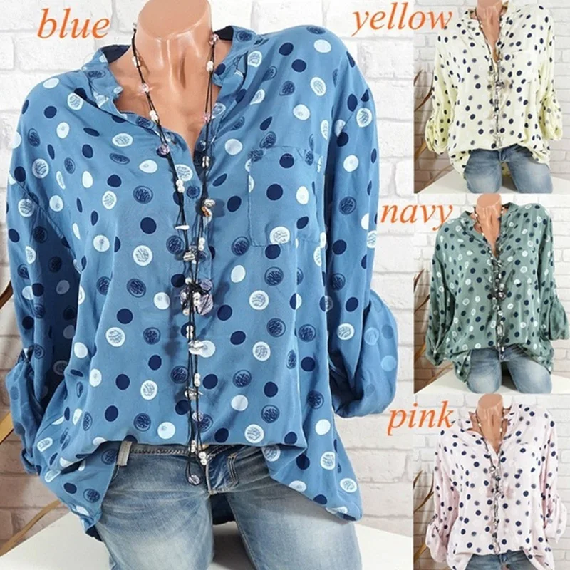 Распродажа Весна лето женская рубашка в горошек с воротником и длинным рукавом