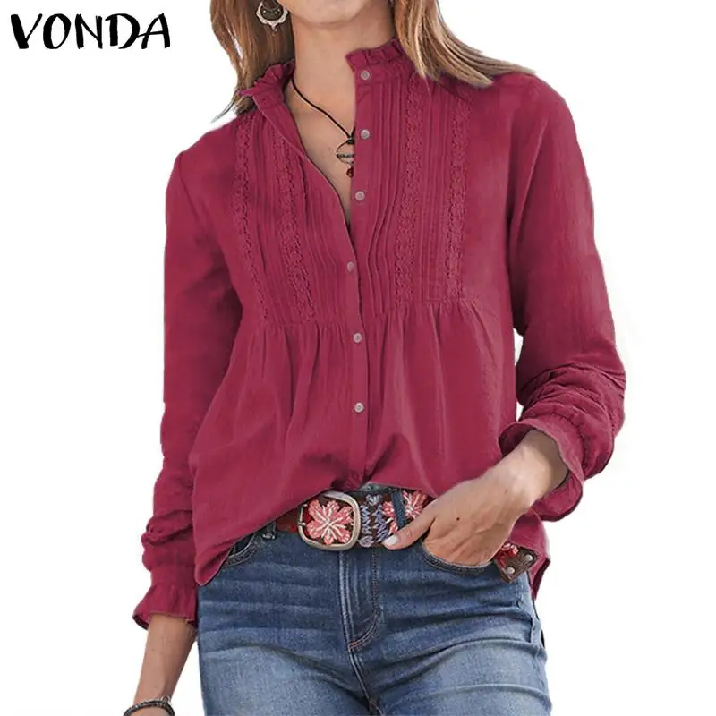 Модные женские блузки, топы, женская блузка, осенняя сорочка VONDA, одноцветная рубашка с длинным рукавом, женские блузки на пуговицах, большие размеры