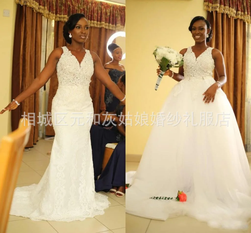 

Luxury South African V Neck Mermaid Wedding Dresses Beads Plus Size Arabic Country Bridal wedding Gown Vestido de novia