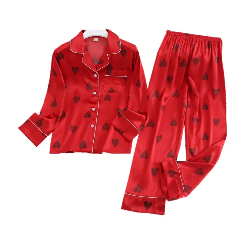 

Spring And Autumn Housewear Set Women Men Ice Silk Lovers Pajamas Set Couples Fashion Red Blue Two Pieces Pant Set