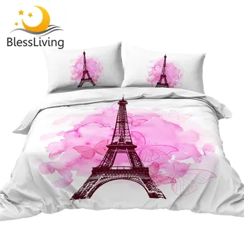 BlessLiving Pink Bedding Set Romantic French Tower Duvet Cover Butterfly Bed Set King Watercolor Luxury Bedspread Valentine Gift 1