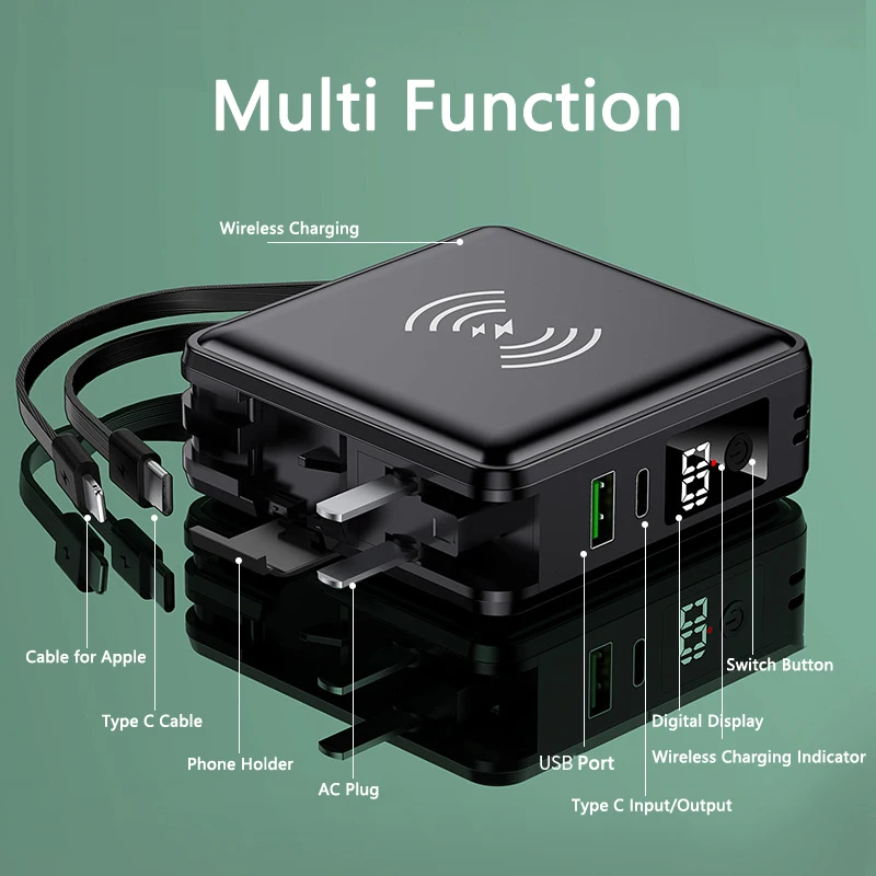 

5 in 1 Qi Wireless Charger Power Bank 15000mAh Built in Cable AC Plug for Huawei iPhone 12 Xiaomi Poverbank Mobile Phone Holder