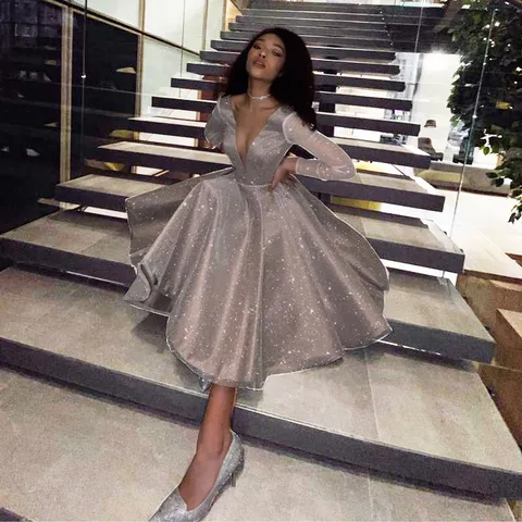 SoDigne Sparkling Evening Dress 2022 robe longue V- neck Long Sleeves Medium Length Wedding Party Dress Prom Gowns