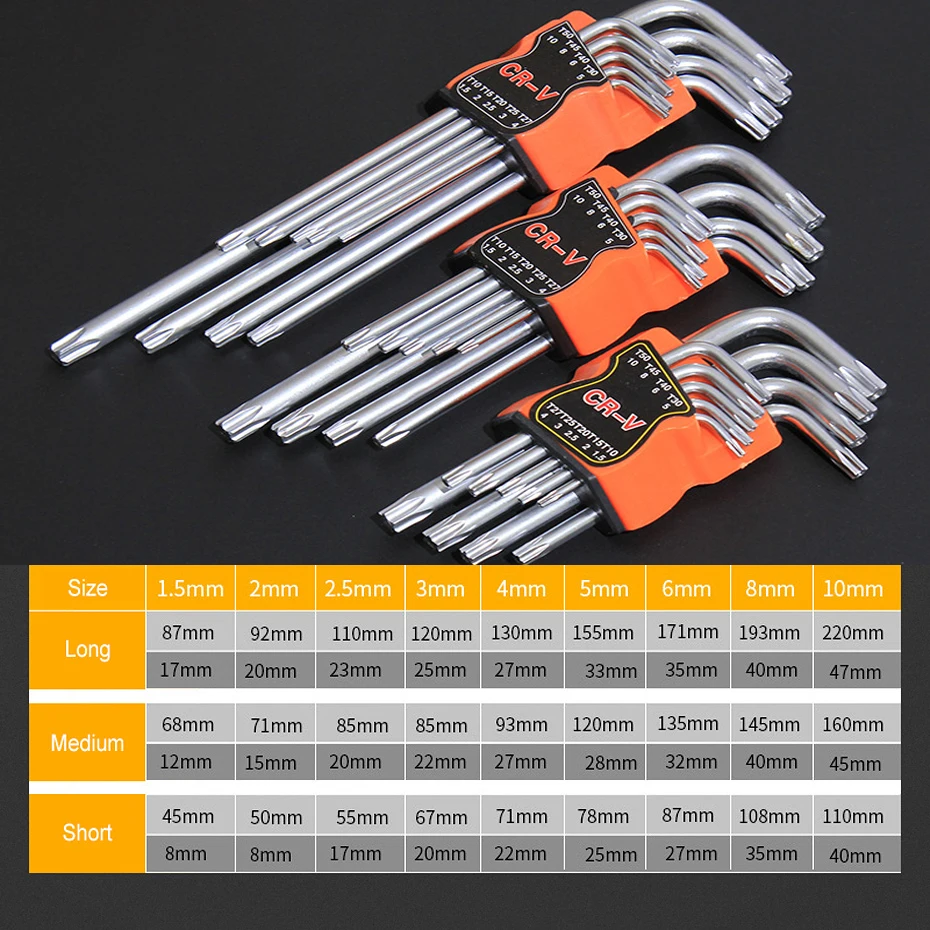 Torx head wrench set 9 шт. 1,5 мм-10 мм Универсальный шестигранный ключ набор в форме сливы длинный средний короткий двойной торцевой ключ динамометрический ключ набор ручных инструментов - Цвет: Torx head wrench set