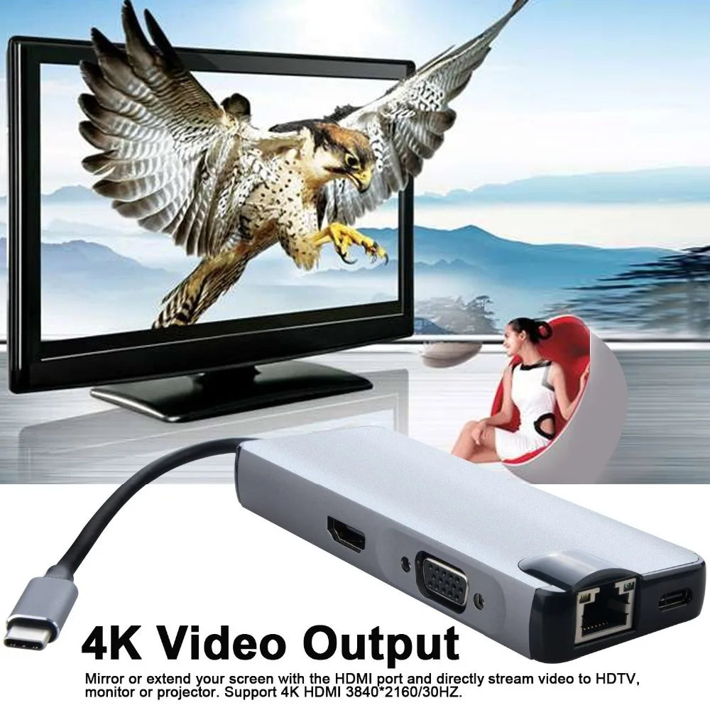 8 в 1 USB C концентратор типа к VGA 4K HDMI видео HD устройство для чтения карт SD TF 1000 м RJ45