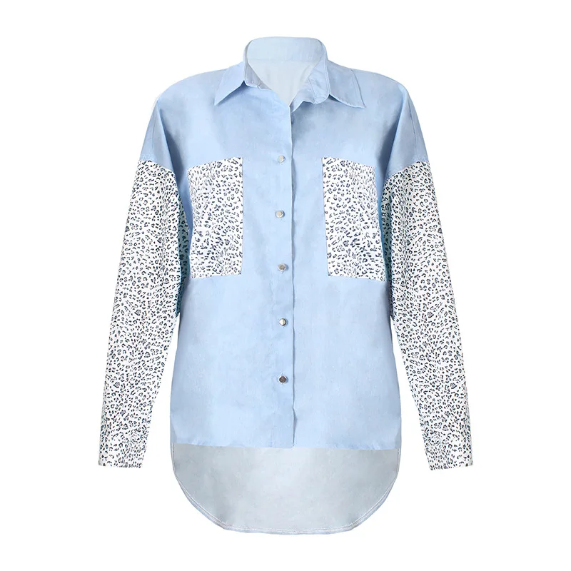 Свободная блузка с леопардовым принтом джинсовая рубашка Женское пальто осень