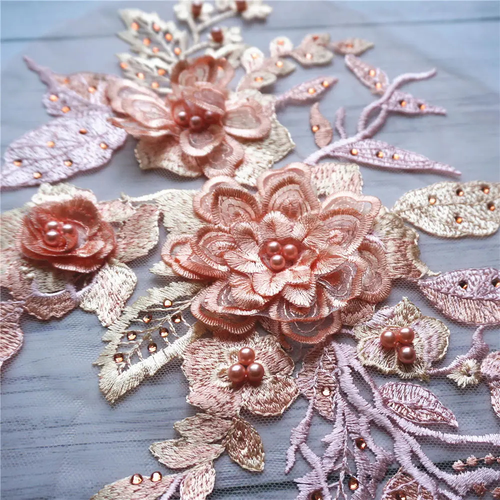 Apricot Pink Beads Lace Fabric Sequin 3D Flowers Embroidered Gown Appliques Collar Mesh Sew Patch For Wedding Dress Decoration | Дом и сад