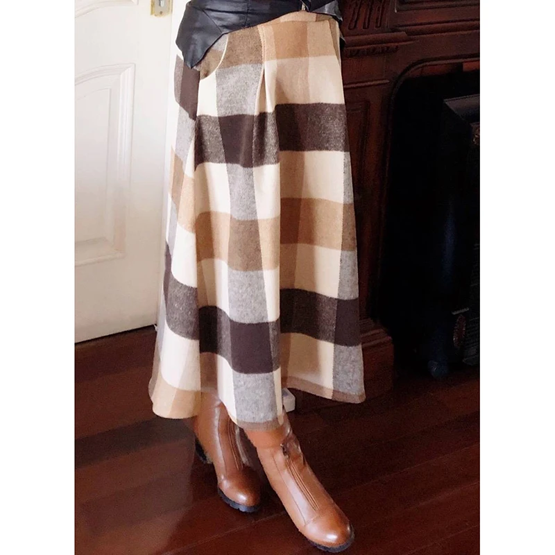 

Korean Vintage Wool Elegant Plaid Skirt Womens Plus Size High Waist Maxi Skirt Autumn Winter Warm Office Lady Long Skirts