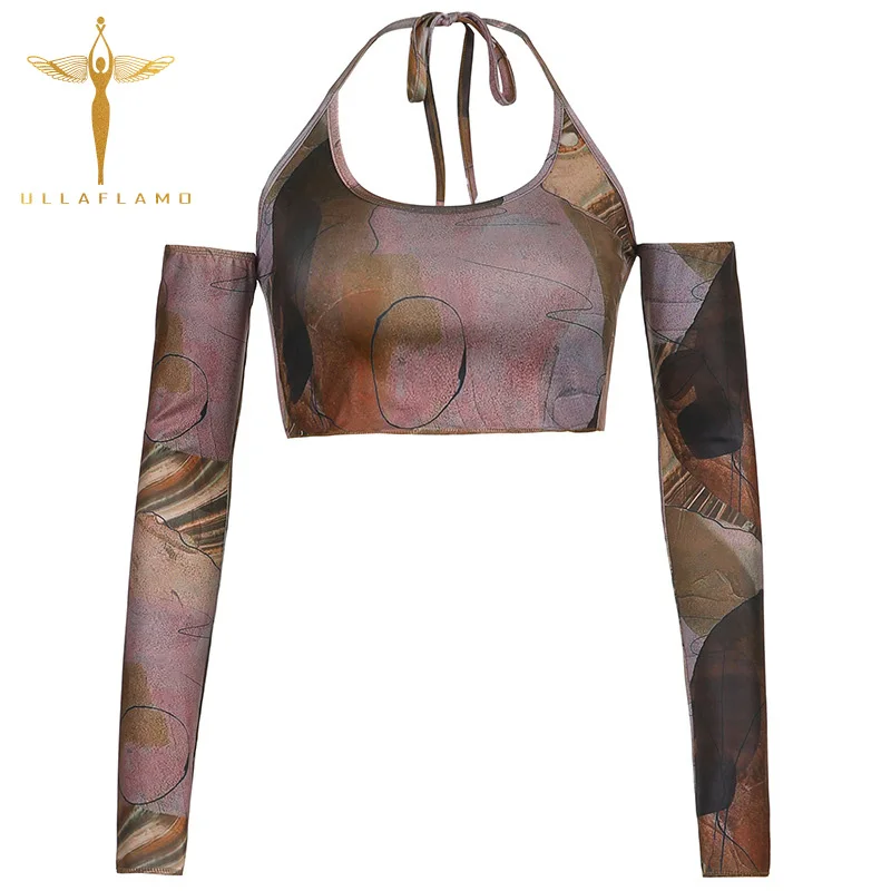 

Halter Lace-Up Camisole Womens Vintage Abstract Print Tank Tops with Sleeves High Street Skinny Brown Crop Top Pullover Female
