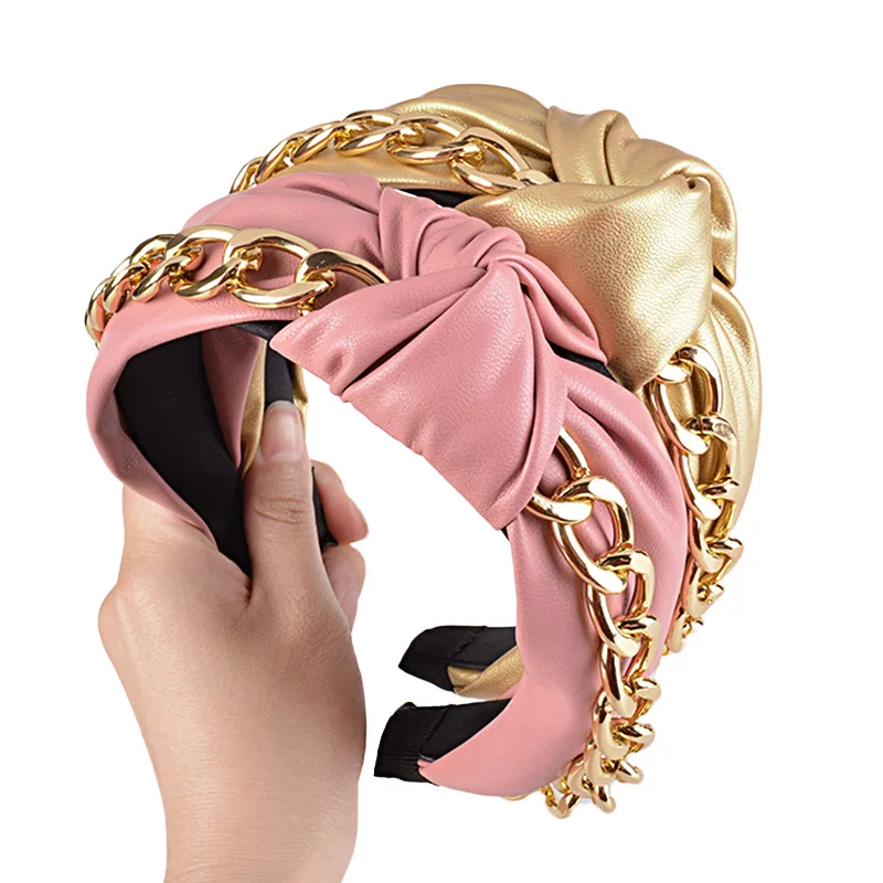 Повязка на голову женская с узлом модный ободок из искусственной кожи золотой