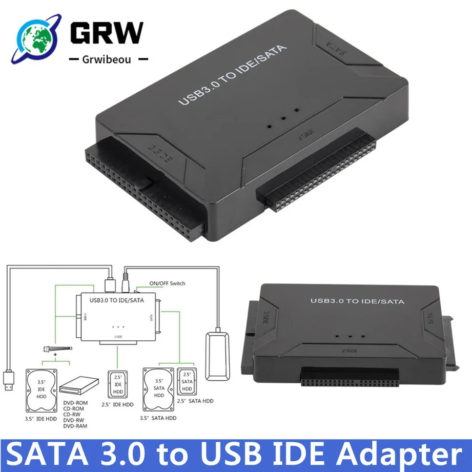 

GRWIBEOU USB 3.0 to SATA IDE ATA Data Adapter 3 in 1 for Laptop PC 2.5" 3.5" HDD Hard Disk Driver With Power