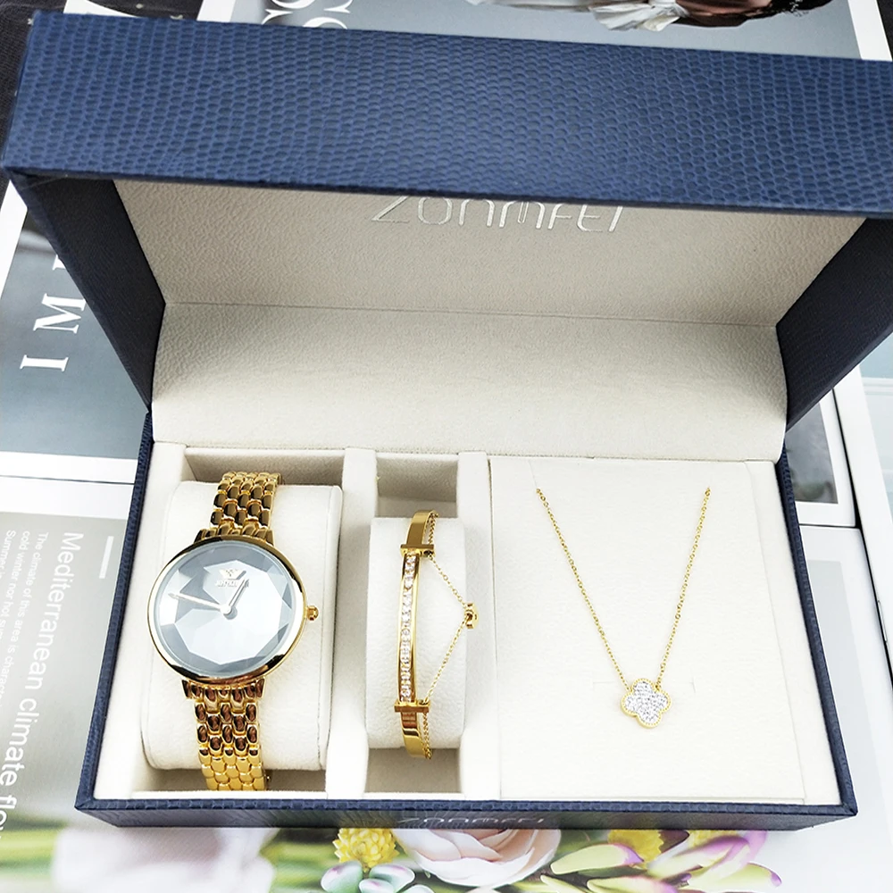 3 шт. Наручные часы браслет наборы для женщин 3D стекло голубое лицо кварцевые