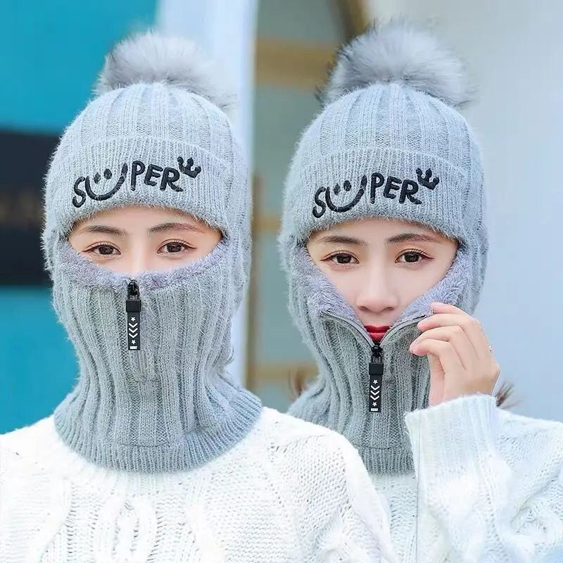 

Women Wool Knitted Hat Ski Hat Sets For Female Windproof Winter Outdoor Knit Warm Thick Siamese Scarf Collar Warm Hat