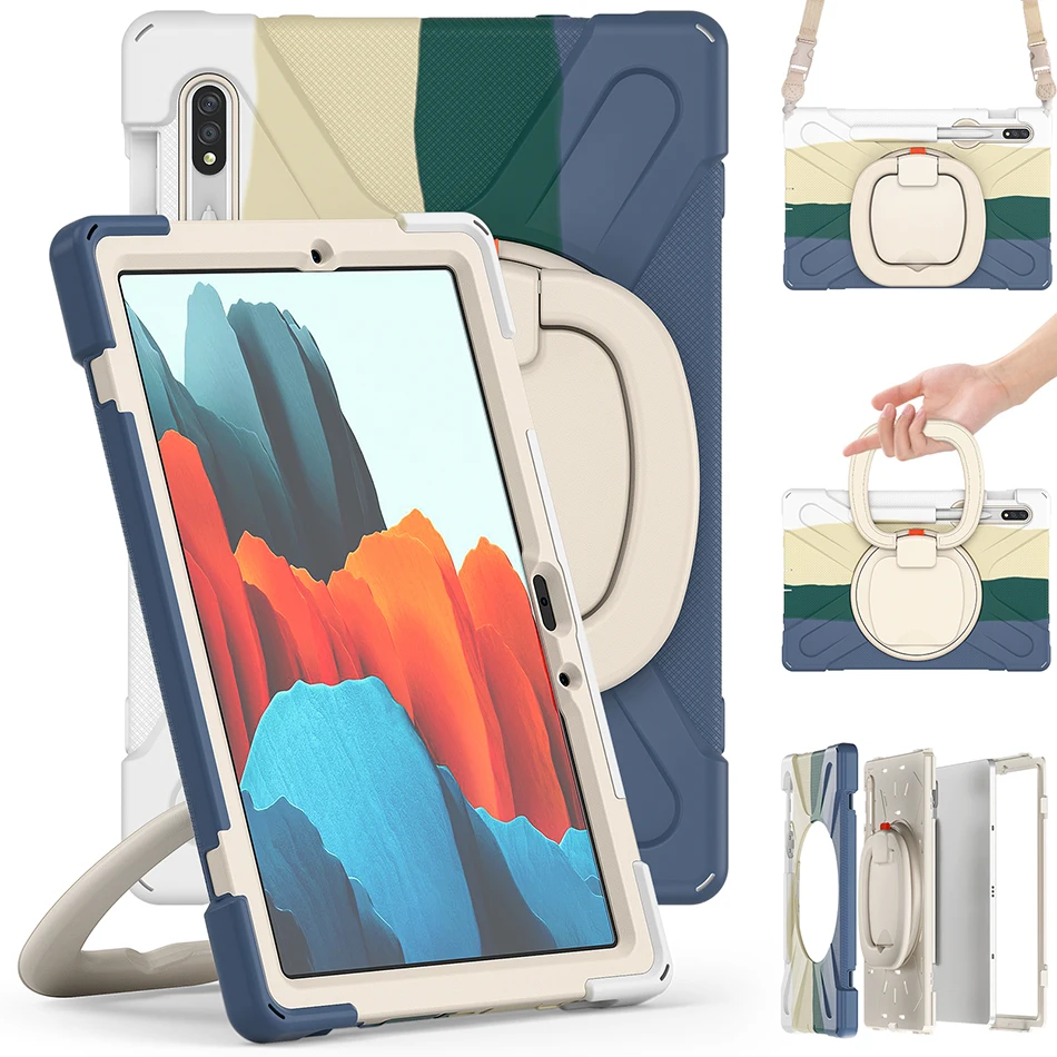

Kids Case for Samsung Galaxy Tab S7 Shockproof Cover 2020 T870 T875 Silicone Case with Rotatable Kickstand+Shoulder Strap
