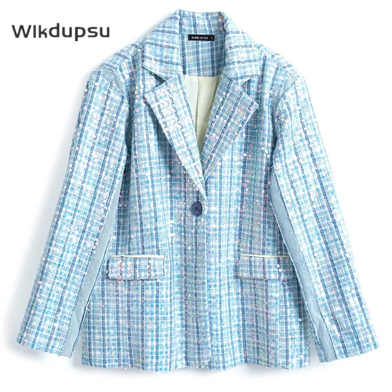 

New Fashion Sequin Jacket Women Glitter Long Sleeve Sparkly Plaid Jacket Coat Top Female Fashion Office Lady Blue Shiny Outwear