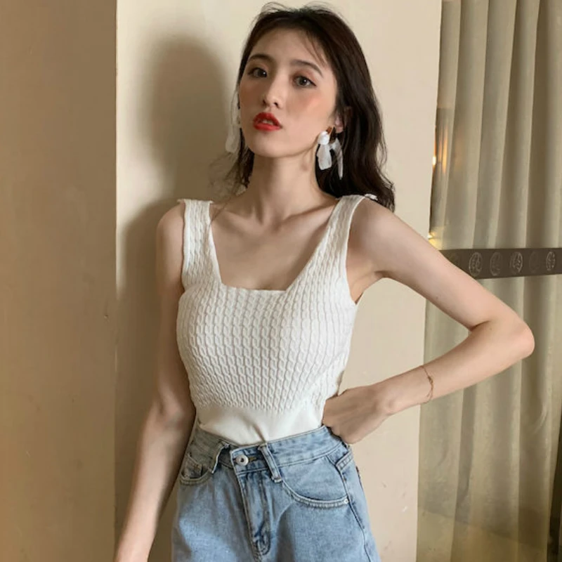 

Tanks Women Top Summer Basic Tank Crop Tops Camisole Style Knit Ribbed Solid Simple Female Clothes Stretch Korean Style Slim