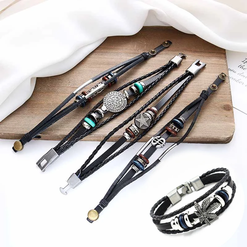 Винтажный Мужской кожаный браслет череп Звездный глаз многослойный с подвеской