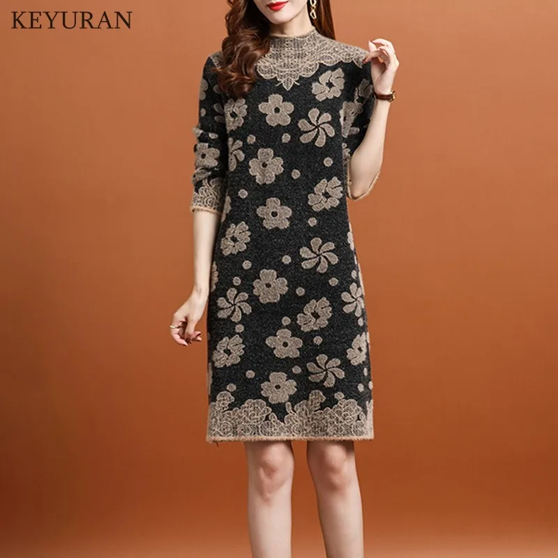 

Women Half Turtleneck Knitted Sweater Dress Retro Jacquard Long Sleeve 2021 Autumn Winter Thick Warm Mink Velvet Dresses Loose