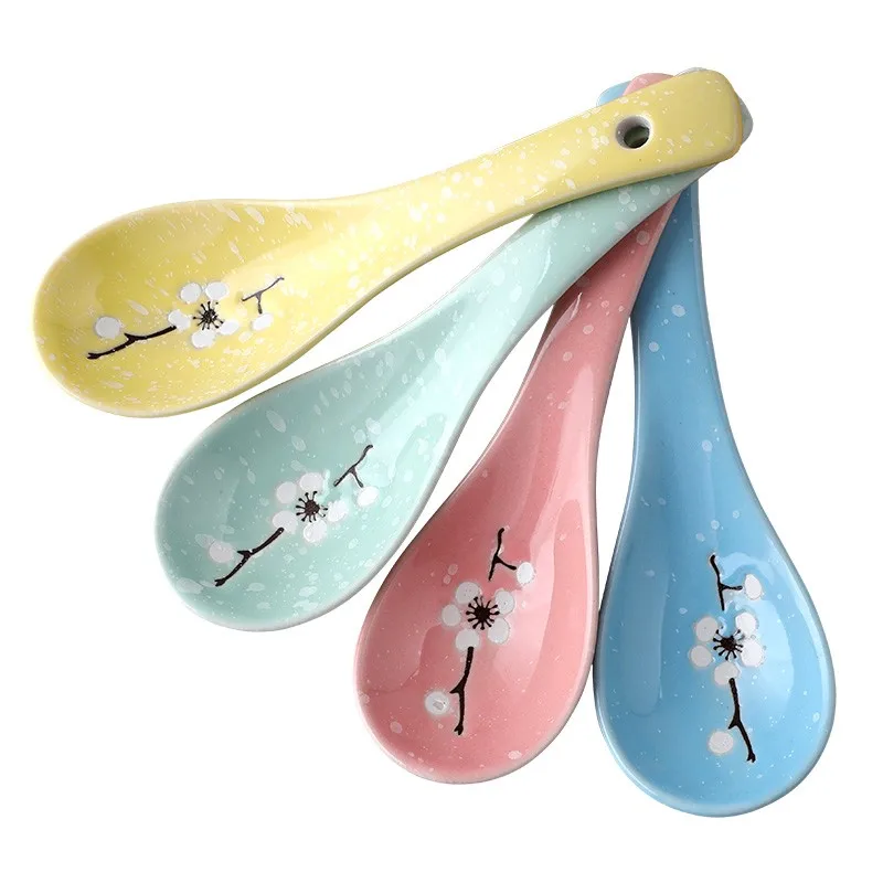 

1PC Ceramic Spoon Cherry Blossom Pattern Beautiful Soup Spoon Cookware Tool Japanese Cuisine Rice Soup Kitchenware Damage Claim