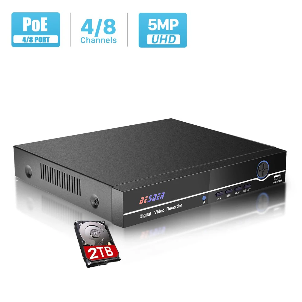 Продажа Видеорегистратор BESDER, 8 каналов, 8 каналов, 4 МП, 4 канала, 5 МП, POE, NVR IEE802.3af, Ip-камеры с питанием по PoE
