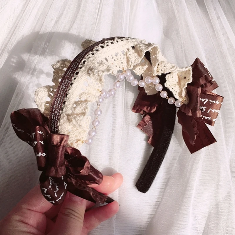 

Y1QD Lolita Headwear Ruffles Lace Cosplay Hairhoop Bows Adorn Elegant Tassel Hairband Anime Maid Cosplay Accessories