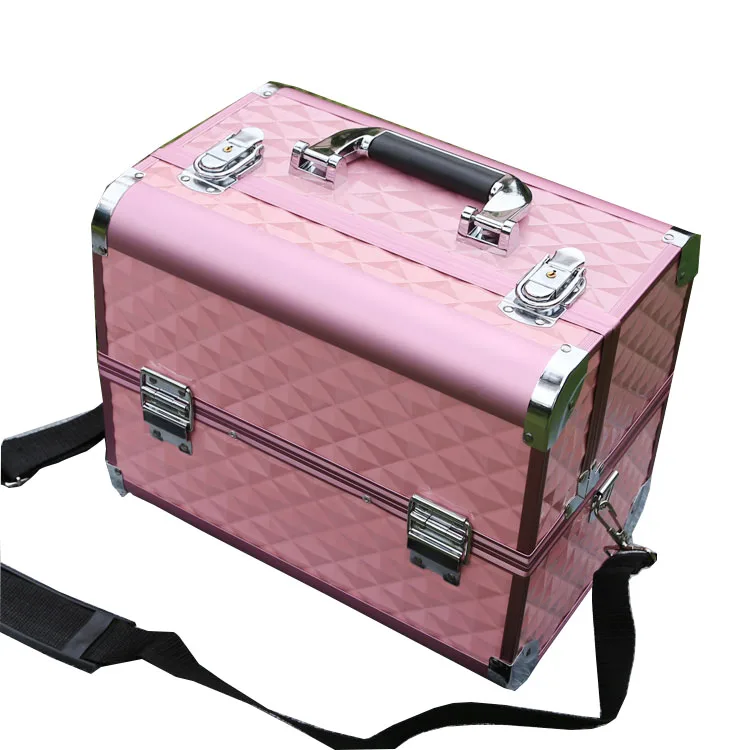 32cm strap Большой кейс для профессиональной косметики ручной зеркальный двухслойный алюминиевый чемодан Вставка для хранения ногтей коробка тату сумка макияж Чехол - Цвет: 32cm strap