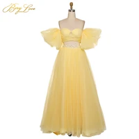 berylove bright yellow two pieces prom dress 2020 dot tulle a line long party dress formal latter sleeves lovely vestido