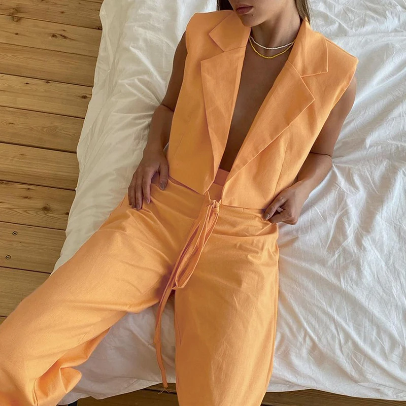 

VGH Casual Orange Trouser Suits Female Notched Sleeveless Lace Up Top Elastic High Waist Wide Leg Pants Loose Women Sets Fashion
