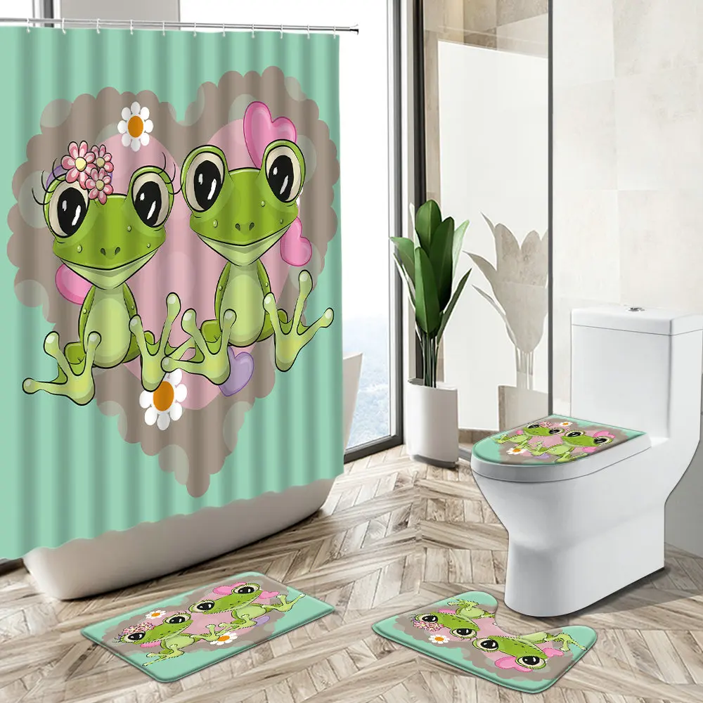 Prezzo Fun Frog Kid Bagno Tenda Da Doccia Set Animali Da Cartone Animato Piante Verdi Fiori Amore Decorazioni Per La Casa Tappeto Antiscivolo Copriwater Tappetino Da Bagno
