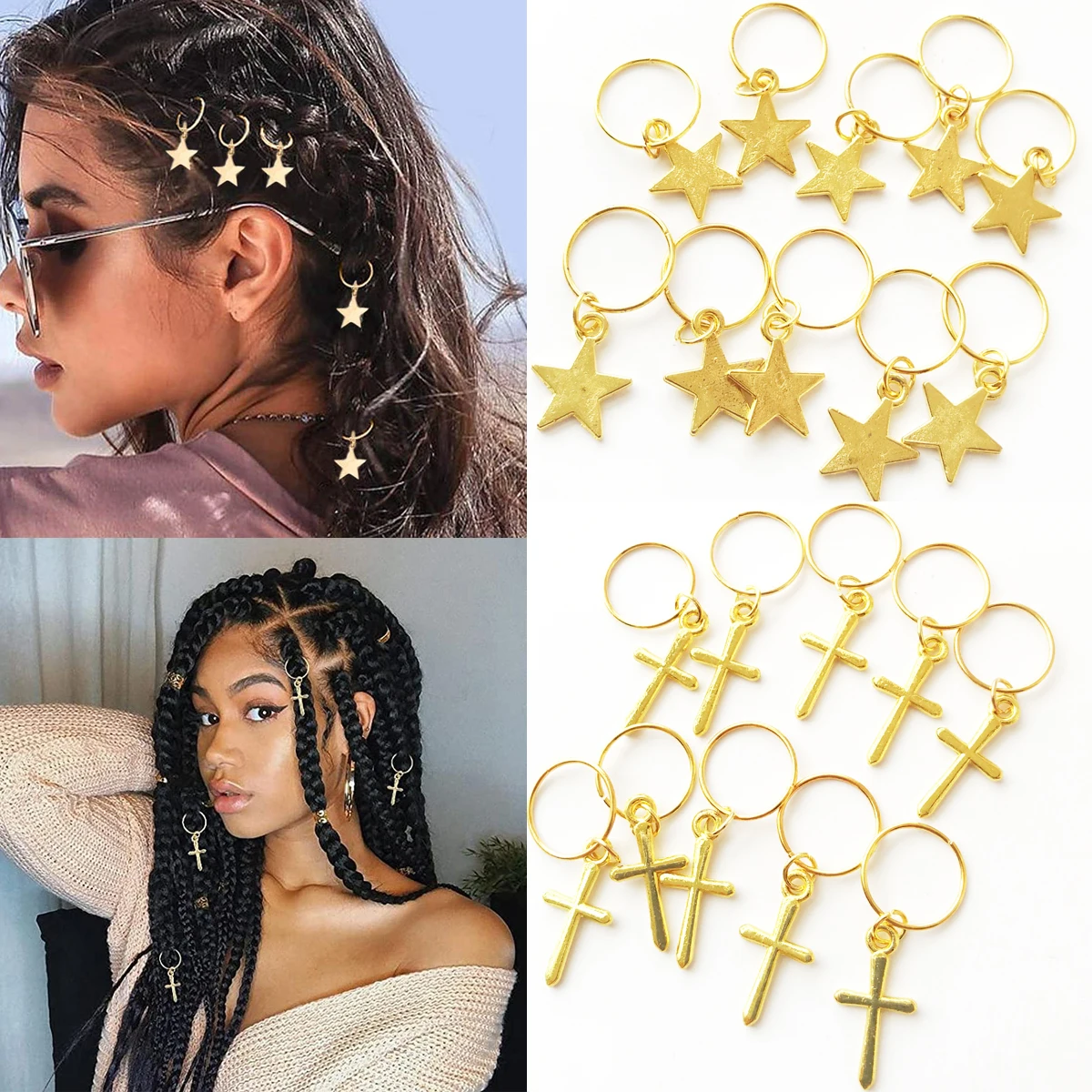 

5PCS Gold Dreadlock Hair Jewelry Rings Accessories Metal Cuffs Decorations Star Leaves Pendants Women Braid Clips