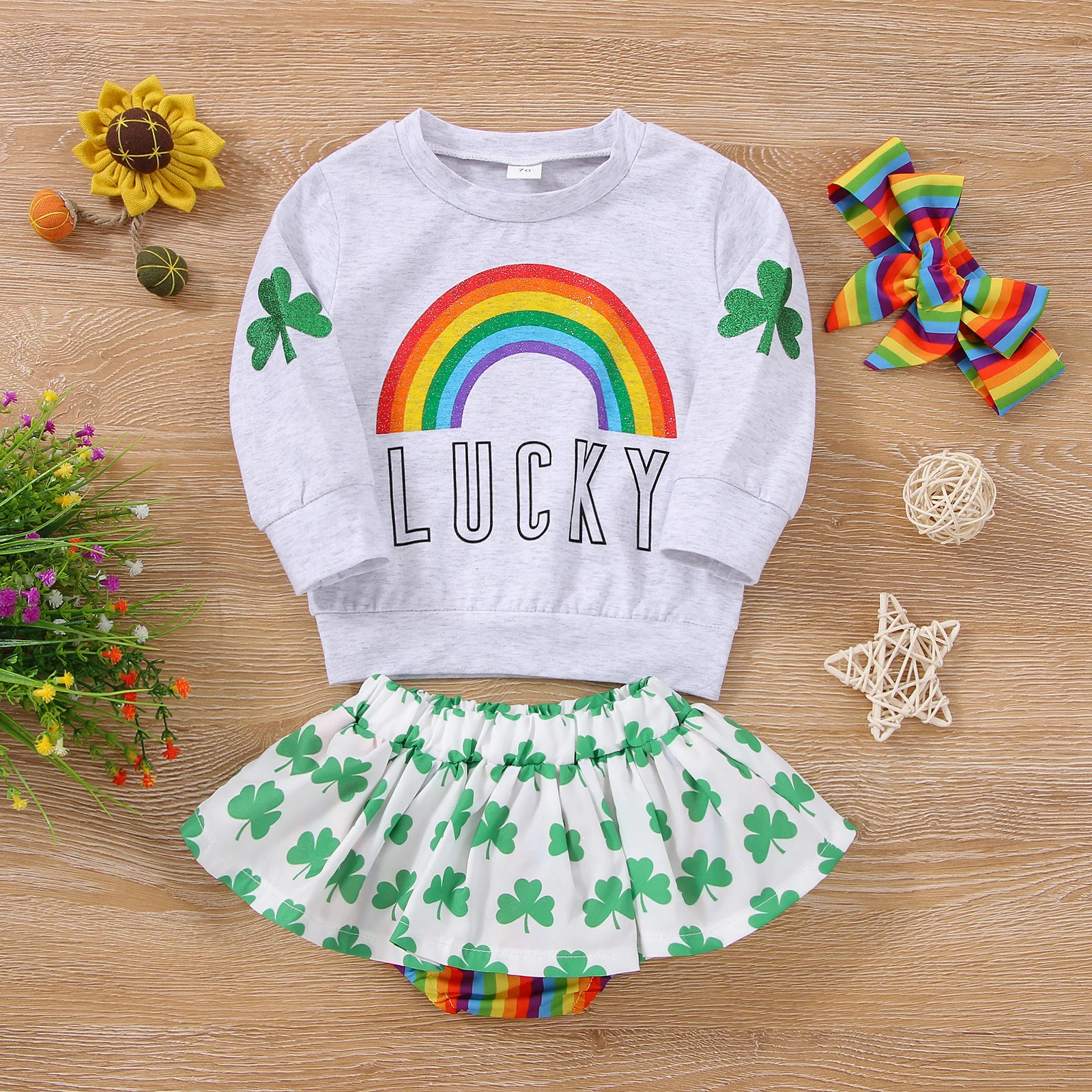 

Autumn 3Pcs Baby Girls Patrick's Day Clothing Sets O-Neck Rainbow Long Sleeve Tops Elastic Waist Lucky Clover Skirt Headband