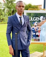 Design exclusivo azul marinho lapela ternos masculinos com cinto preto casamento noivo smoking fino caber blazer formatura 2 pcs trajes hommes (2)