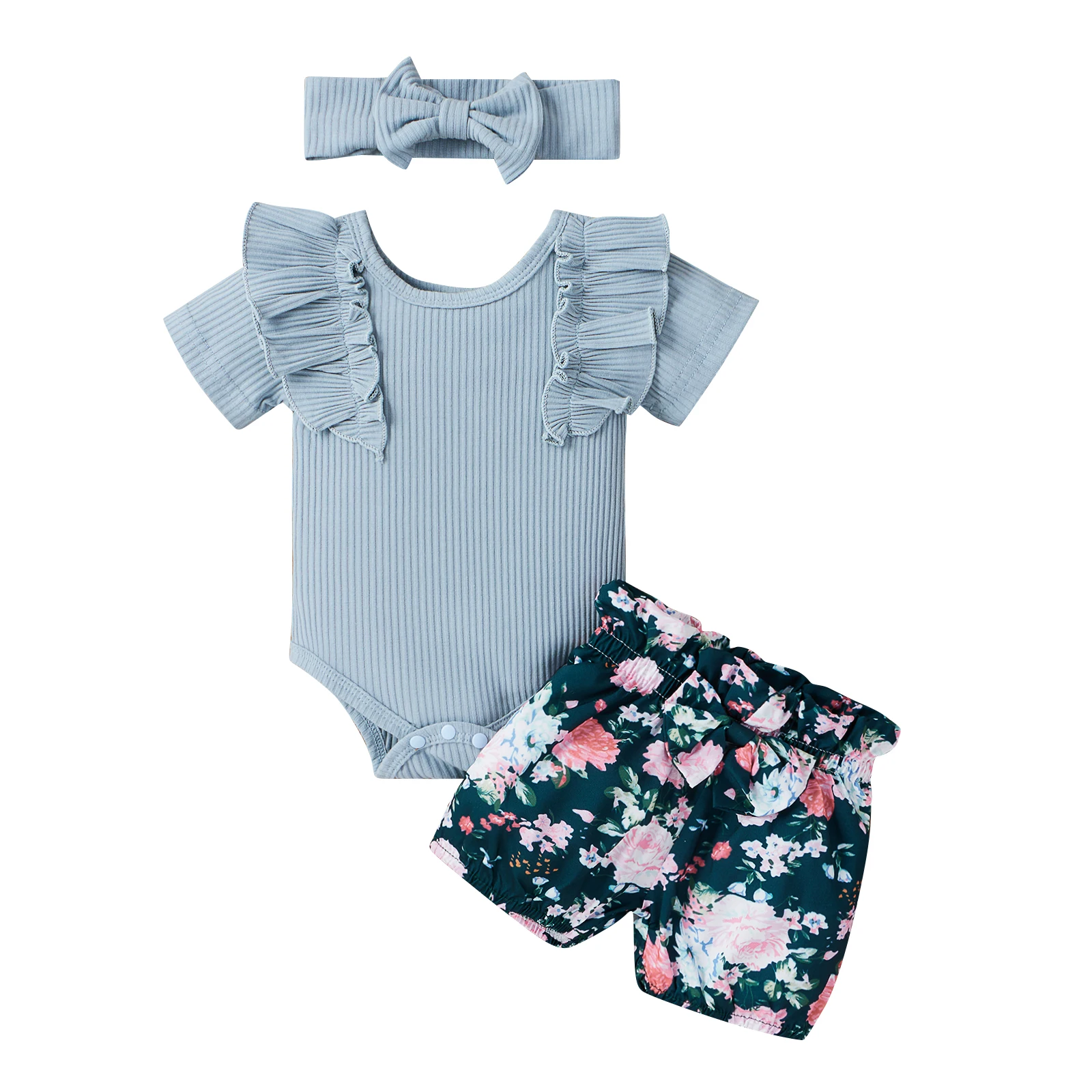 

Girl's 3Pcs Romper Set, Ruffled Short Sleeve Solid Color Knitted Bodysuit with Flower Printed Shorts and Headband