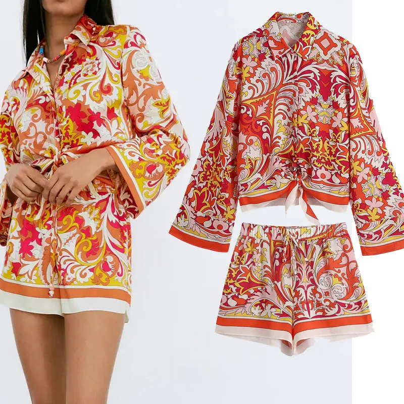 

2021 2 Piece Set Women Bow Tie Long Sleeve Single Breasted Blouse Shirts Strech Waist Casual Shorts 202106